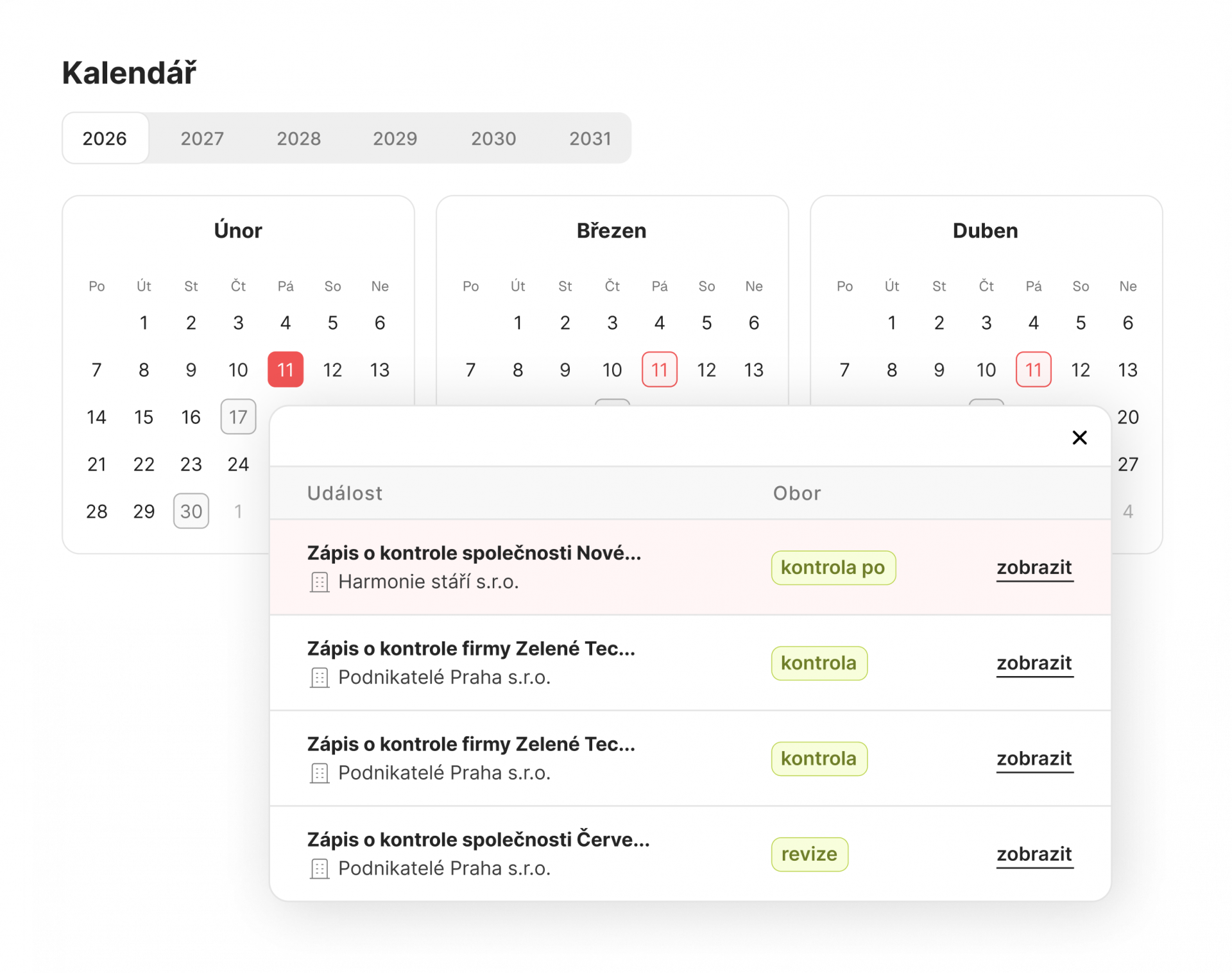 Screenshot z aplikace Revision ze sekce Kalendář