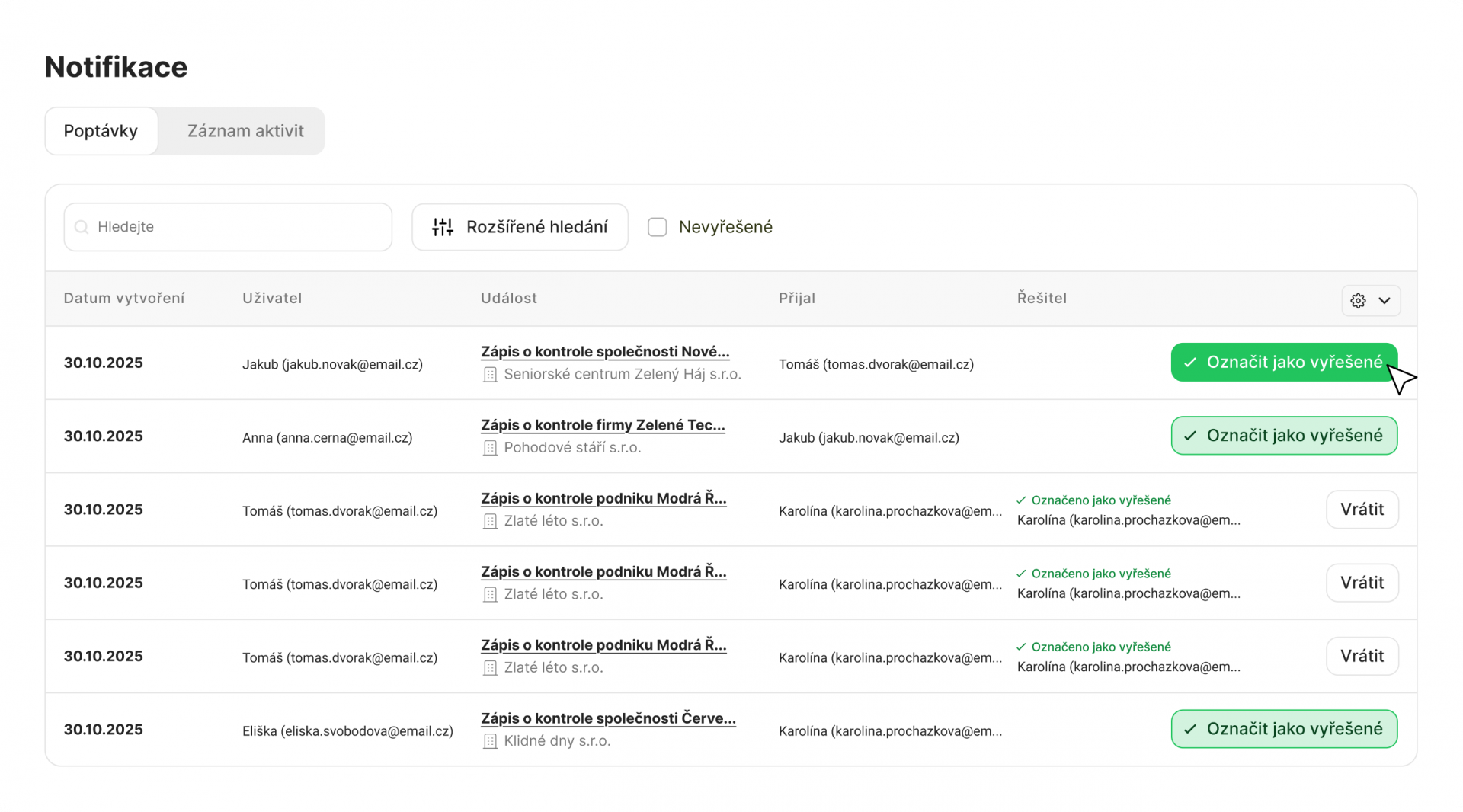 Screenshot z aplikace Revision ze sekce Notifikace