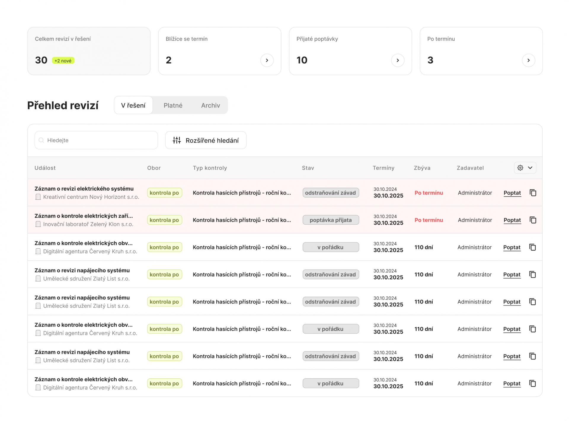 Screenshot z aplikace Revision ze sekce Přehled